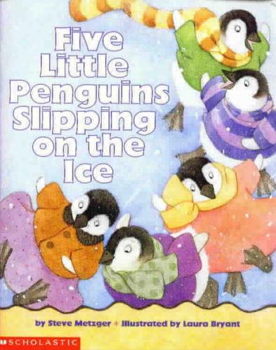 Five little penguins slipping on the ice 